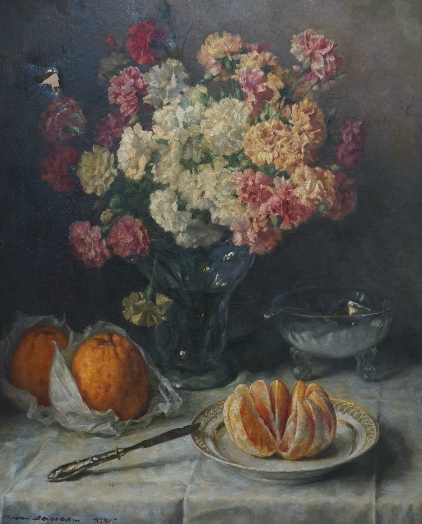 English School, oil on canvas, Still life of flowers and fruit, indistinctly signed and dated 1935 (a.f.) 60 x 49cm